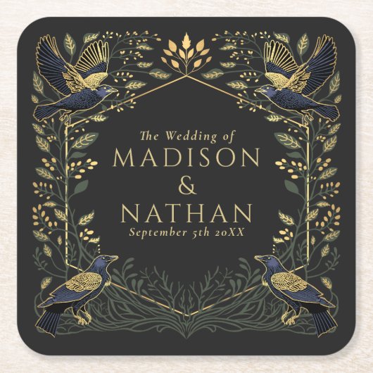 緑の魅力化されたゴシックレイヴン結婚フローラ スクエアペーパーコースター (正面)