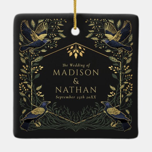 緑の魅力化されたゴシックレイヴン結婚フローラ セラミックオーナメント (裏面)