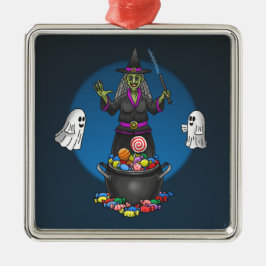 緑の魔女と幽霊ハロウィーントリックまたはトリート メタルオーナメント