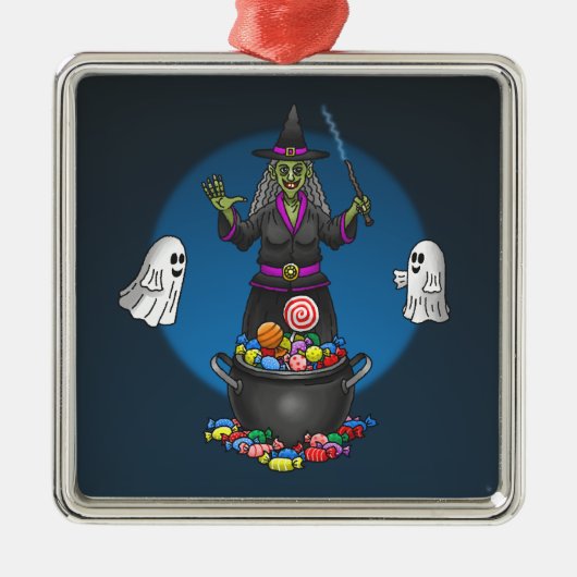 緑の魔女と幽霊ハロウィーントリックまたはトリート メタルオーナメント (正面)