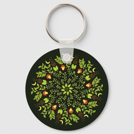 緑の魔女のポーションの葉キノコの植物の曼荼羅 キーホルダー (正面)