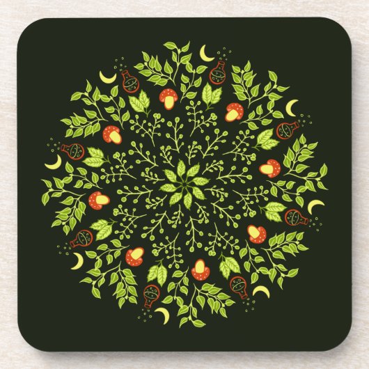 緑の魔女のポーションの葉キノコの植物曼荼羅 コースター (正面)
