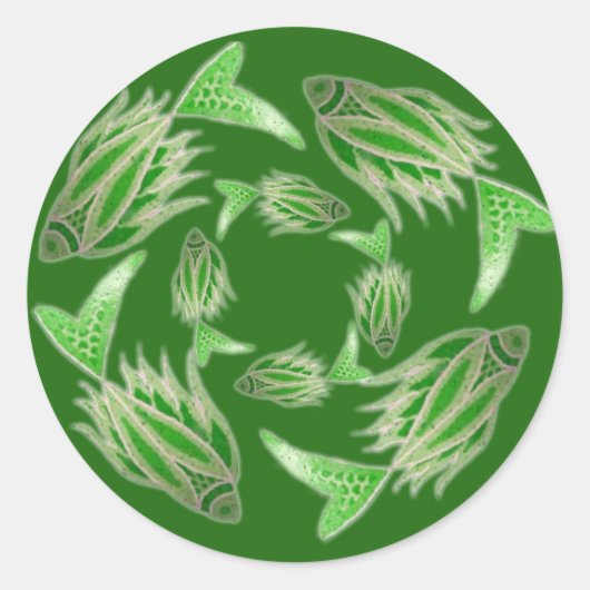 緑の魚の旋回ステッカー ラウンドシール (正面)
