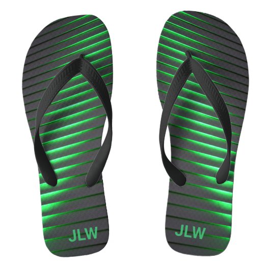 緑の鮮やかストライプと黒 ビーチサンダル (フットベッド)