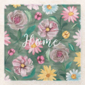 緑の鮮やか花のパターン – ホーム ガラスコースター (正面)