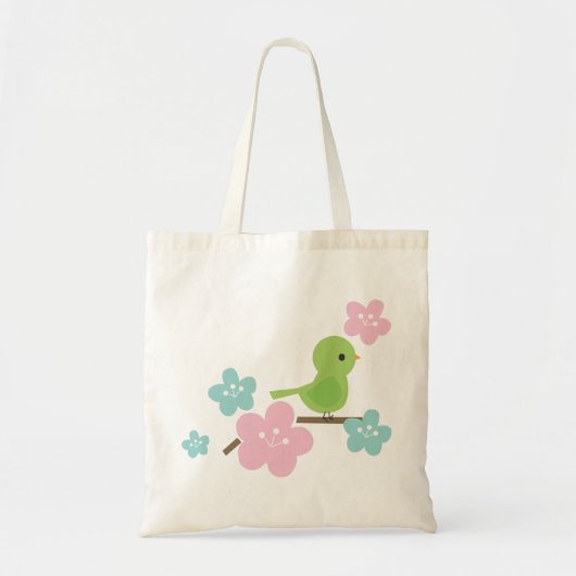 緑の鳥およびさくらんぼの花 トートバッグ (正面)