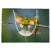 緑の鳥が木々の写真に浮かぶ ラージペーパーバッグ (裏面)