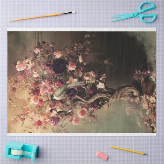 緑の鳥と鮮やかフローラ、Ethereal Tree 薄葉紙 (クラフト)