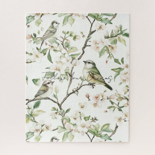緑の鳥 白い花の木 ジグソーパズル (縦)