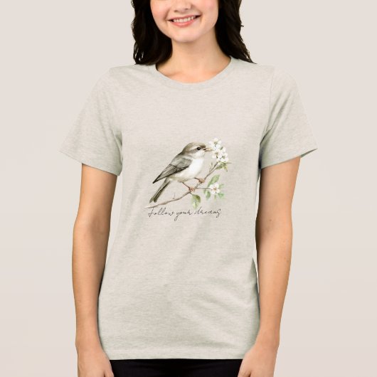緑の鳥 白い花の木 夢を追って トライブレンドTシャツ (正面)