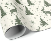 緑の鹿、木、雪片、クリームのパターン ラッピングペーパー (ロールコーナー)