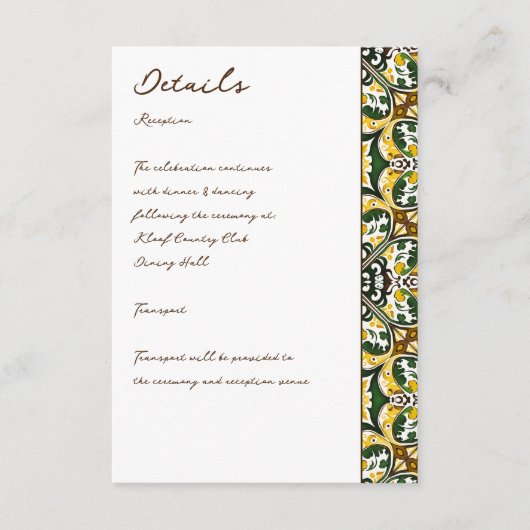 緑の黄地中海の瓦結婚の詳細 エンクロージャーカード (正面)