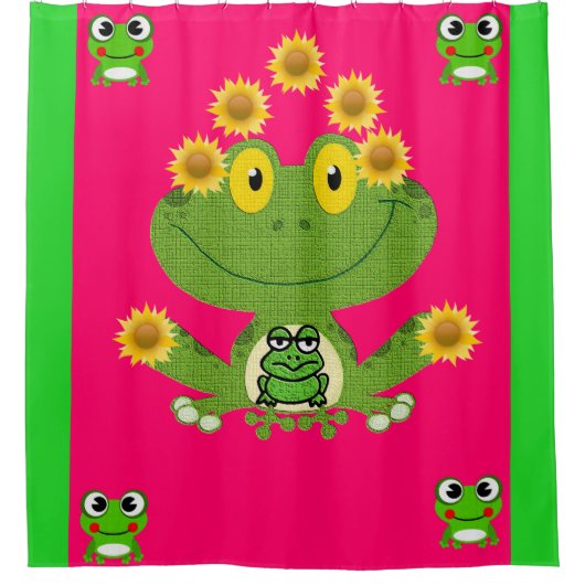 緑の黄色いカエルの子供のショアカーテンピンク シャワーカーテン (正面)