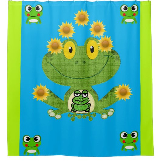 緑の黄色いカエルの子供のショアカーテンブルー シャワーカーテン (正面)