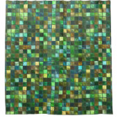 緑の黄色いタイルを張られた抽象的な正方形パターンモザイク シャワーカーテン (正面)