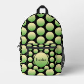 緑の黄色いバブルドット黒の背景名 プリントバックパック (正面)