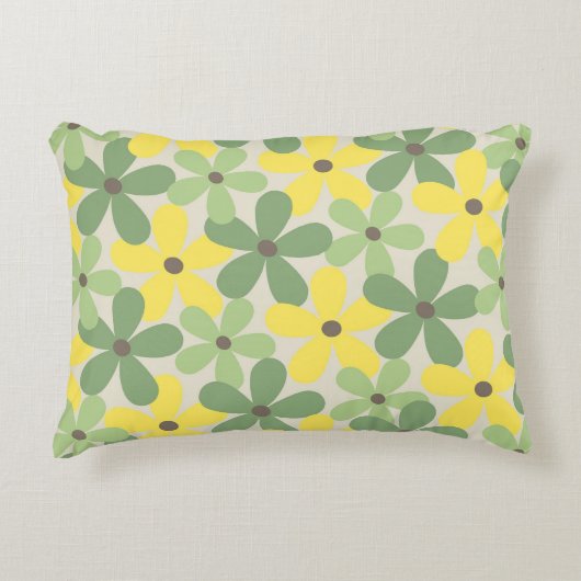 緑の黄色いレトロY2K 70s花柄 アクセントクッション (正面)
