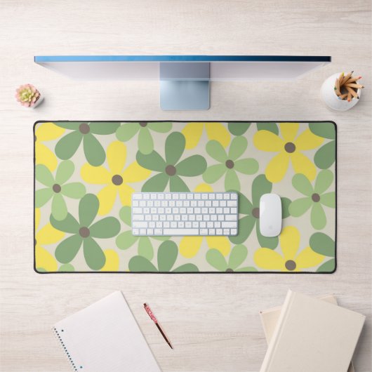 緑の黄色いレトロY2K 70s花柄 デスクマット (オフィス1)