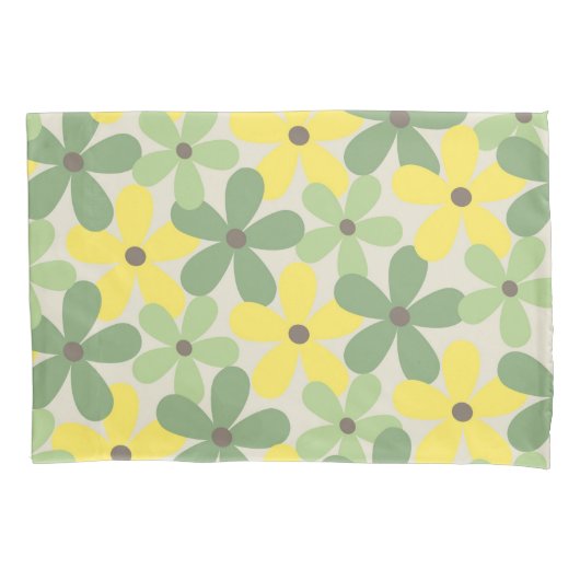 緑の黄色いレトロY2K 70s花柄 枕カバー (正面)