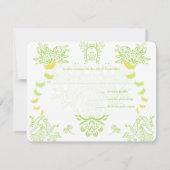 緑の黄色い仲の良い恋人同士の結婚式招待状 出欠カード (裏面)