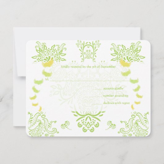 緑の黄色い仲の良い恋人同士の結婚式招待状 出欠カード (裏面)