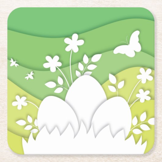 緑の黄色い波イースターエッグ スクエアペーパーコースター (正面)