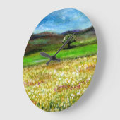 緑の黄色い花畑の単生の木 ラージ壁時計 (傾斜)