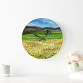 緑の黄色い花畑の単生の木 ラージ壁時計 (ホーム)