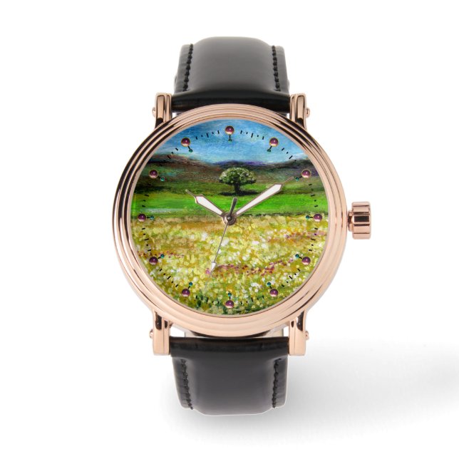 緑の黄色い花畑の単生の木 腕時計 (正面)