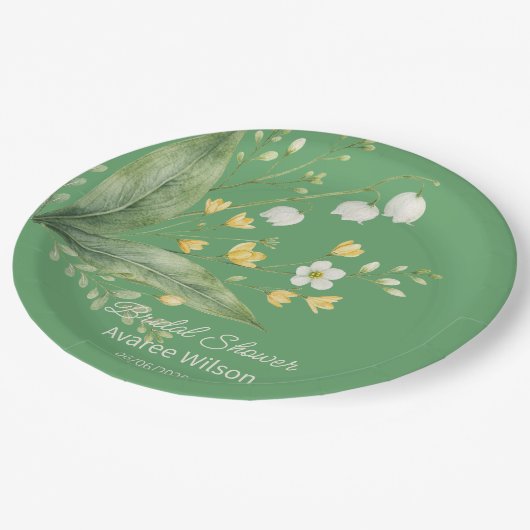 緑の黄色と白の花のリビングシャワー ペーパープレート (アングル)