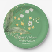 緑の黄色と白の花のリビングシャワー ペーパープレート (正面)