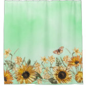 緑の黄色のグラデーション水彩背景ひまわり シャワーカーテン (正面)