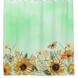 緑の黄色のグラデーション水彩背景ひまわり シャワーカーテン