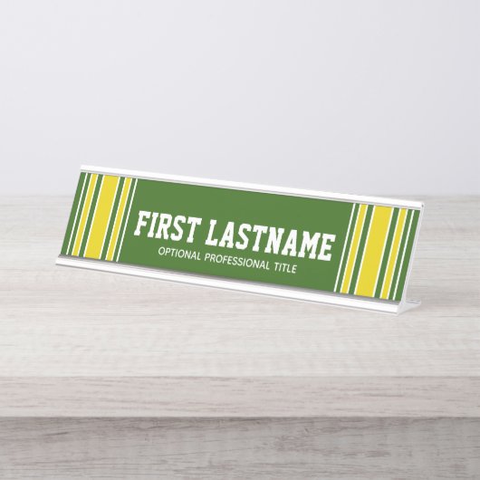 緑の黄色のスポーツジャージーの名前 – 色を編集できる デスクネームプレート (正面)