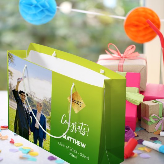 緑の黄色の写真を卒業 ラージペーパーバッグ
