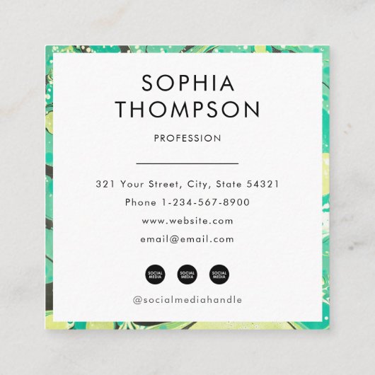緑の黄色の大理石抽象芸術QRコードソーシャルメディア スクエア名刺 (裏面)