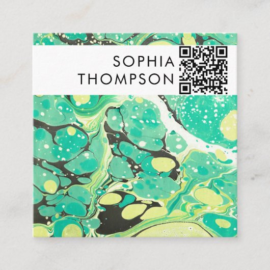 緑の黄色の大理石抽象芸術QRコードソーシャルメディア スクエア名刺 (正面)