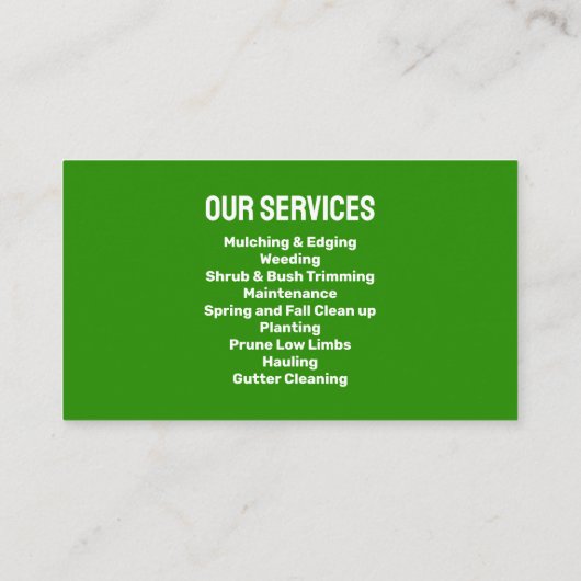 緑の黄色の気に芝生、草刈りと造園 名刺 (裏面)