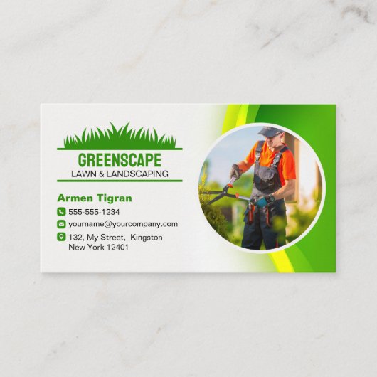 緑の黄色の気に芝生、草刈りと造園 名刺 (正面)