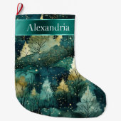 緑の黄色の金ゴールドツリーのクリスマス名 ラージクリスマスストッキング (正面)