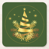 緑の黄金の葉の星のクリスマスツリー スクエアペーパーコースター (正面)