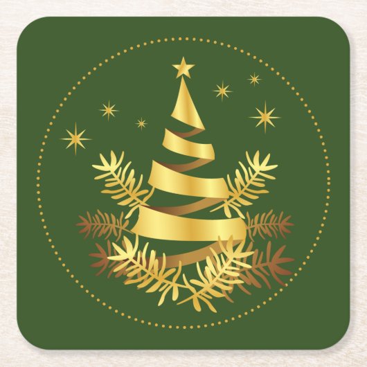 緑の黄金の葉の星のクリスマスツリー スクエアペーパーコースター (正面)