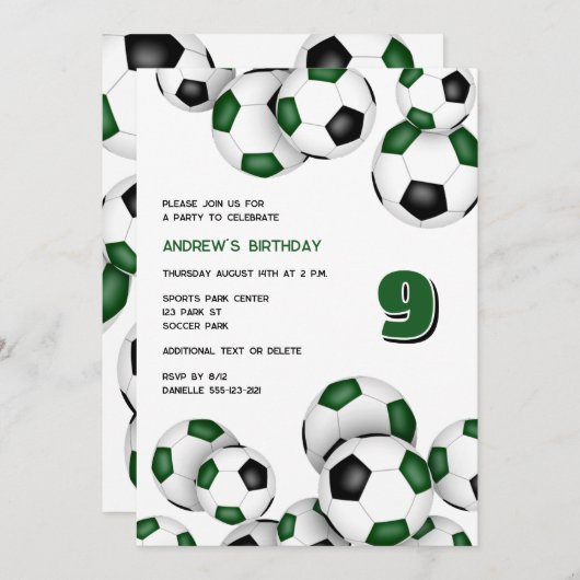 緑の黒いサッカーボール男の子女の子誕生日 招待状 (正面/裏面)