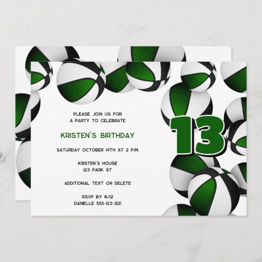 緑の黒いバスケット女の子の男の子の誕生日パーティー 招待状 (正面/裏面)