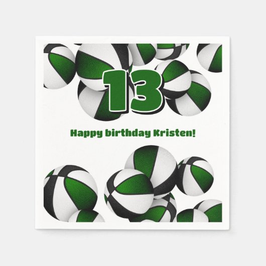 緑の黒いバスケット女の子の男の子スポーツパーティー スタンダードカクテルナプキン (正面)