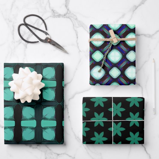 緑の黒い抽象芸術モダン幾何学的パターン ラッピングペーパーシート (正面)