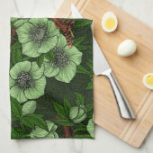 緑の黒い緑の上にウォレンとヘレボア キッチンタオル (四つ折り)