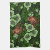 緑の黒い緑の上にウォレンとヘレボア キッチンタオル (縦)