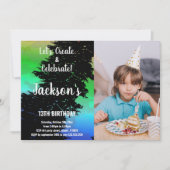 緑の黒い色の絵を描誕生日(写真) 招待状 (正面)