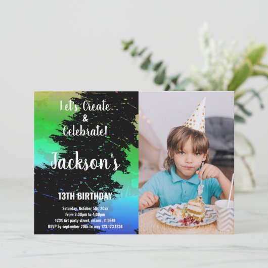 緑の黒い色の絵を描誕生日(写真) 招待状 (スタンド正面)